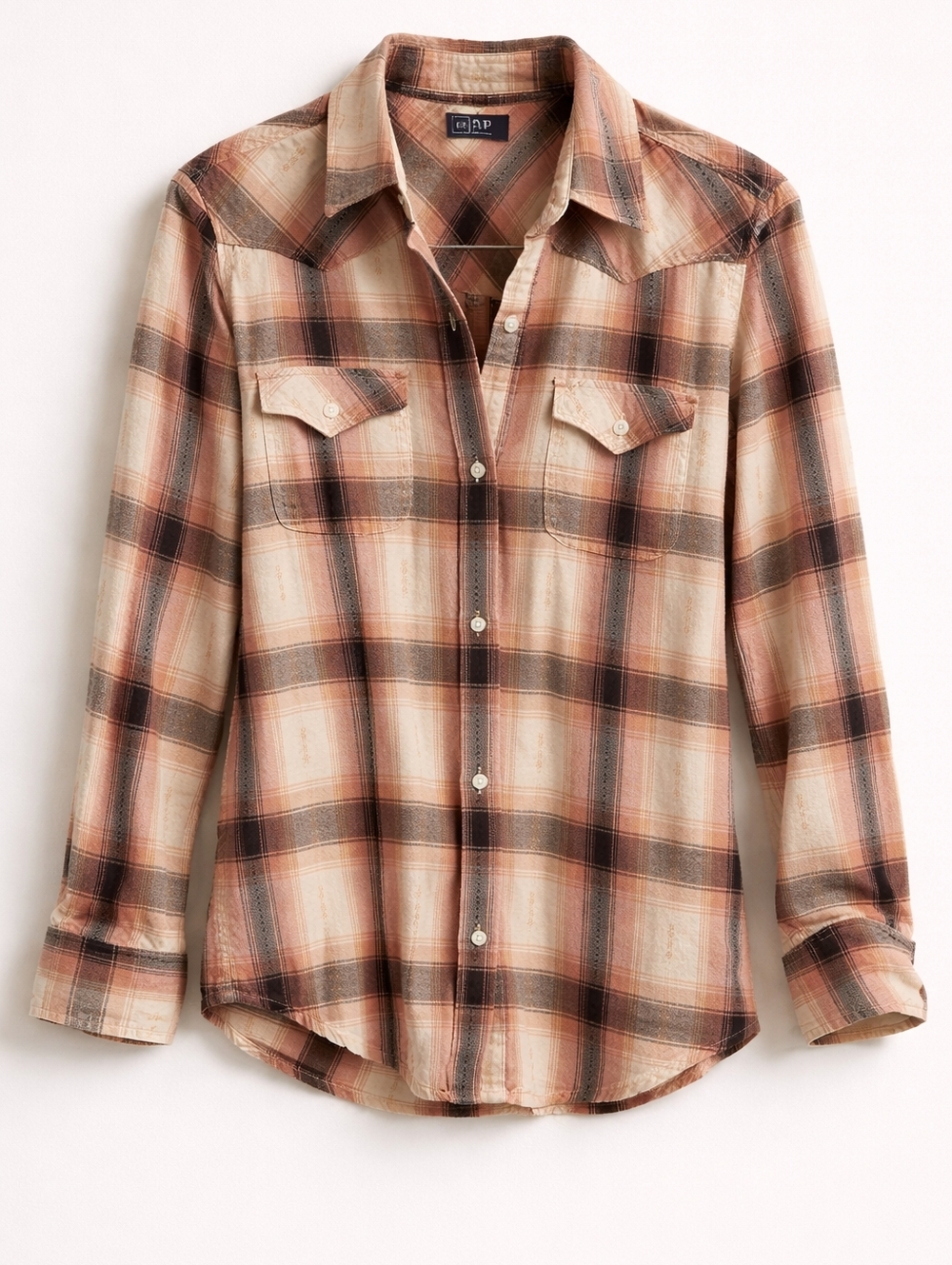 GAP Pink & Brown Western Flannel, M Tall, Long, Desert, Southwestern, Western